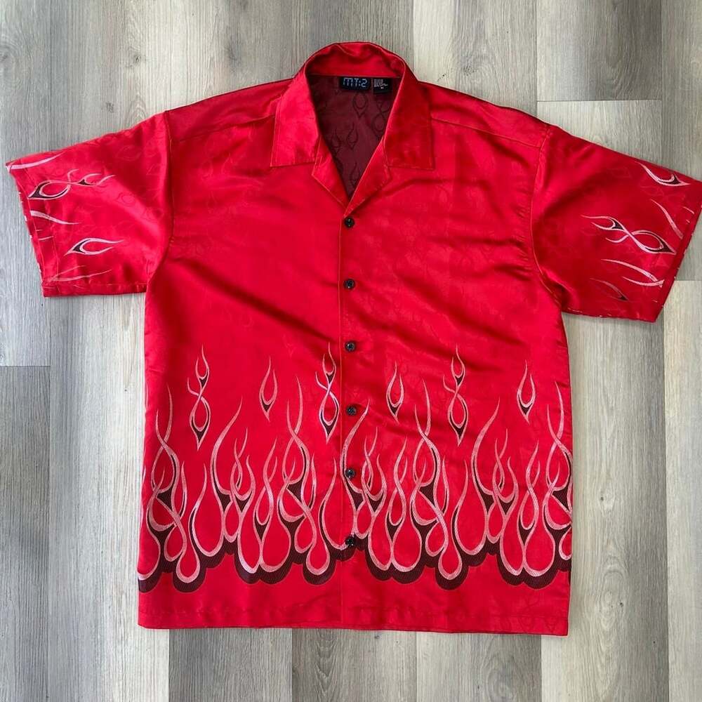 MT:2 Flame Button Up Shirt Size XL Red Rayon Nylon Bowling